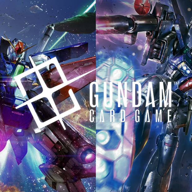 Promotional artwork for the Gundam Card Game featuring two detailed mecha robot illustrations in a space scene, with the white 'GUNDAM CARD GAME' logo centered across the split composition.